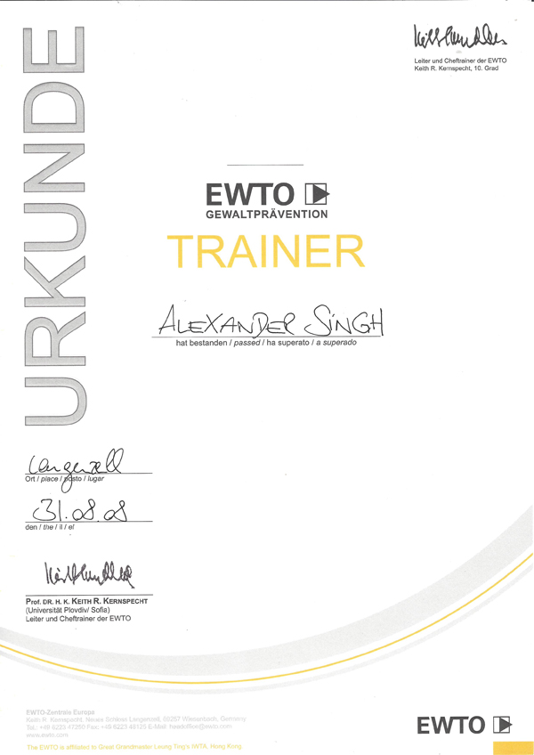 EWTO Trainerschein für das WingTsun und Gewaltprävention für Erwachsene